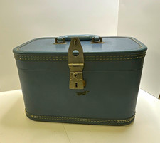 Vintage Blue Train Case Makeup Cosmetic Luggage Travel Vanity Box Hard Shell picture