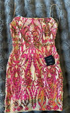 Lulus Women’s L Pink/Gold Sequin Mesh Square Neck Strappy Bodycon Mini Dress picture