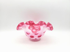 VINTAGE '50'S FENTON PINK OPALESCENT CRANBERRY COIN DOT RUFFLED DISH/BOWL EXCOND picture