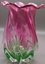 Vintage Teleflora Vase Hand Blown Glass Pink to Green Swirl & Ruffled Rim / 7 ¼” picture