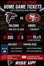 2 Tickets Atlanta Falcons vs San Francisco 49ers 10/25/26 Sec205 Row 5 w Parking picture