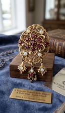 Vintage Florenza 1950s Chandelier Brooch Faux Opal & Ruby Rhinestone Brooch Pin picture