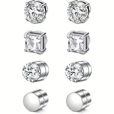 4 Pair Men Women Stainless Steel Magnetic Stud Earrings Non-Piercing Clip on E40 picture