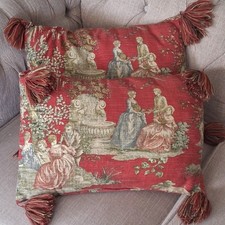TWO Vintage Red Tapestry Throw Pillow Tassels Renaissance Aubusson French Style picture