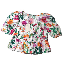 Joie White Green Pink Floral Puff Sleeve Blouse Women’s Size S 100% Cotton NWT picture