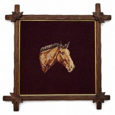 Antique 1900s 1910s Horse Needlepoint Adirondack Eastlake Carved Wood Frame 18” picture