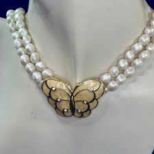 Vintage 1988 KJL for Avon Papillon Faux Pearl Enamel Butterfly Necklace Signed picture