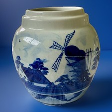 DELFT Ginger Jar Vase Blue White Windmill Hand-Painted Dutch Germany Vintage picture