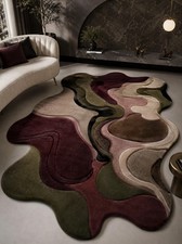 Hand Tufted Wool Area Rug | Burgundy Olive Green Abstract Wavy | Modern Carpet picture