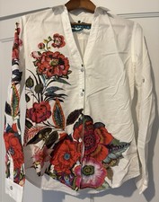 Desigual White Floral Blouse Bright Red Flowers (L) Long Sleeve/Roll Up picture