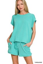 Zenana Turquoise Raised Rib Cap Sleeve 2 Pc Top & Shorts Set picture