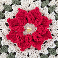 Handmade Crochet Floral Table Runner, White Green Red w/ Ribbon Ties 40