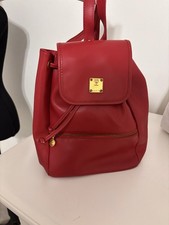 Vintage MCM München Red Leather Small Backpack Drawstring Flap Gold Hardware picture