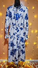 SHEIN Women's Blue/White Floral Smocked Keyhole Bell Sleeve Maxi Dress, L picture