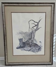Vtg 70s Wildlife Artist Nick Wilson's Mountain Lions Framed Print 30.5