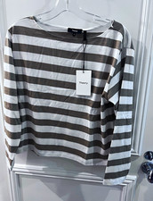 Theory Women’s White Brown Striped Boat Neck Long Sleeve Jersey Tee Pima M picture