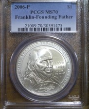 BRILLIANT 2006-P $1 MS70 SILVER BEN FRANKLIN, FOUNDING FATHER COMMEMORATIVE PCGS picture