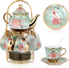 Zhehao 20 Pcs Porcelain Tea Set with Metal Holder and Spoon Adult Ceramic Tea Se picture