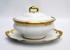ANTIQUE L BERNARDAUD D & C FRANCE SAUCE BOAT & LID & UNDERPLATE WHITE GOLD BER48 picture
