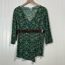 Fashion Bug Plus 18/20 Top Green Baroque Print Sequin Waist Surplice Asym Hem picture