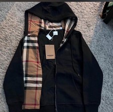 Burberry Men’s Black Full Zip Hooded Hoodie S Check Lining Pockets Logo picture