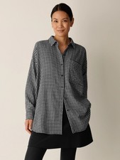 Eileen Fisher Wool Cotton Check Classic Collar Long Shirt, BLACK NEW WT picture