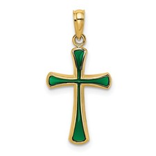 Green Tapered Cross Pendant 19.2x13mm 14k Yellow Gold Religious Solid Enamel picture