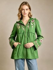 NWT Johnny Was Floral Embroidered Full Zip Tiered Hoodie Sweatshirt Green Size S picture