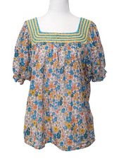 SISTER MARY Elana Pink Floral Square Neck Boho Embroidered Blouse Size M Cotton picture