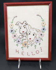 Vintage Dog Embroidery Framed Terriers Flowers Hello Whimsical Sweet Cottagecore picture