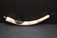 Vintage Chinese etched Carved painted Buffalo bone Pipe 16