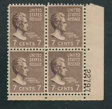 Scott #812...7 Cent...Andrew Jackson...Plate Block...MNH picture