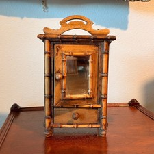 Antique French Faux Bamboo Mini Cabinet Hanging Armoire with Mirror & Drawer picture