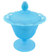 Indiana Glass Blue Frosted Harvest Grapes 2 PC Candy Glass Dish 7