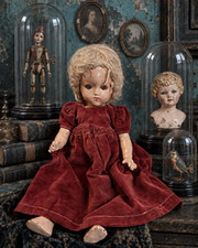 Antique 1920s Composition Doll 15in Sleep Eyes Mohair Wig Red Velvet Dress picture