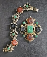 Vintage Florenza Maltese Cross Brooch And Bracelet Set Intaglios Unsigned HTF picture