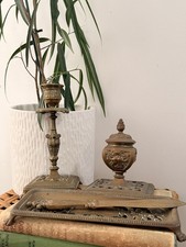 Antique Late 19th Century Anglo-Indian Foliate Openwork Brass Writing Desk Set picture