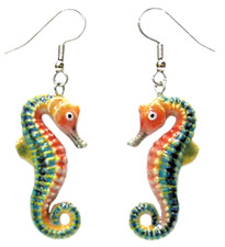 ღ New NORTHERN ROSE Porcelain Earrings RAINBOW SEAHORSE Dangled Wire Jewelry Art picture