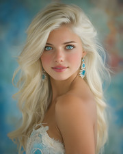 Long Wavy Blonde in Blue and White Lace Dress with Earrings Art/812905594 picture