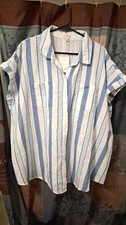 Wonderly Women’s Blue/White Striped Collared Short Sleeve Cotton Woven Shirt 2X picture