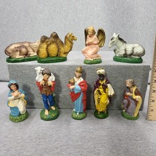 Vintage Chalkware Nativity Set 9 Pc Wise Men Mary Joseph Angel Animals 3-6