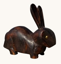 Vintage Hand Carved Wooden Rabbit Brass Eyes India Folk Art Bunny Figure picture