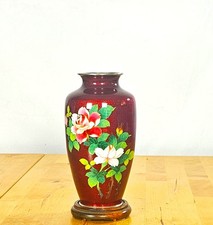 20th c. Japanese Red Akasuke Ginbari Cloisonne Rose Vase on Stand Vintage picture