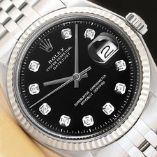 ROLEX MENS DATEJUST BLACK DIAMOND DIAL 18K WHITE GOLD STEEL WATCH w/ FOLDED BAND picture