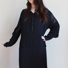 Vintage 1920s 1930s Women's Black Solid V-Neck Button Front Cutout Sleeves Dress picture