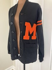 Vintage 1940’s Knit Varsity Letterman Cardigan Black Wool Size S Tag Reads 36 picture