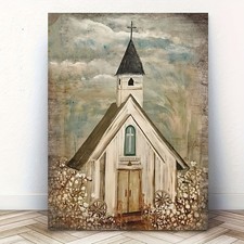 Rustic White Country Church Floral Framed Decor Canvas For Farmhouse picture