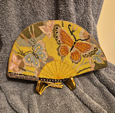Vintage Hand Fan Butterfly Floral Needlepoint , handcrafted .  Tassel, Easel picture
