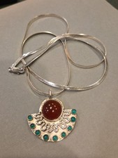 VINTAGE ARTISAN STERLING SILVER RED CARNELIAN TURQUOISE NECKLACE 30