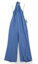 NSR Nordstrom Blue Halter Wide Leg Jumpsuit Pockets Open Back Coastal Chic M NWT picture